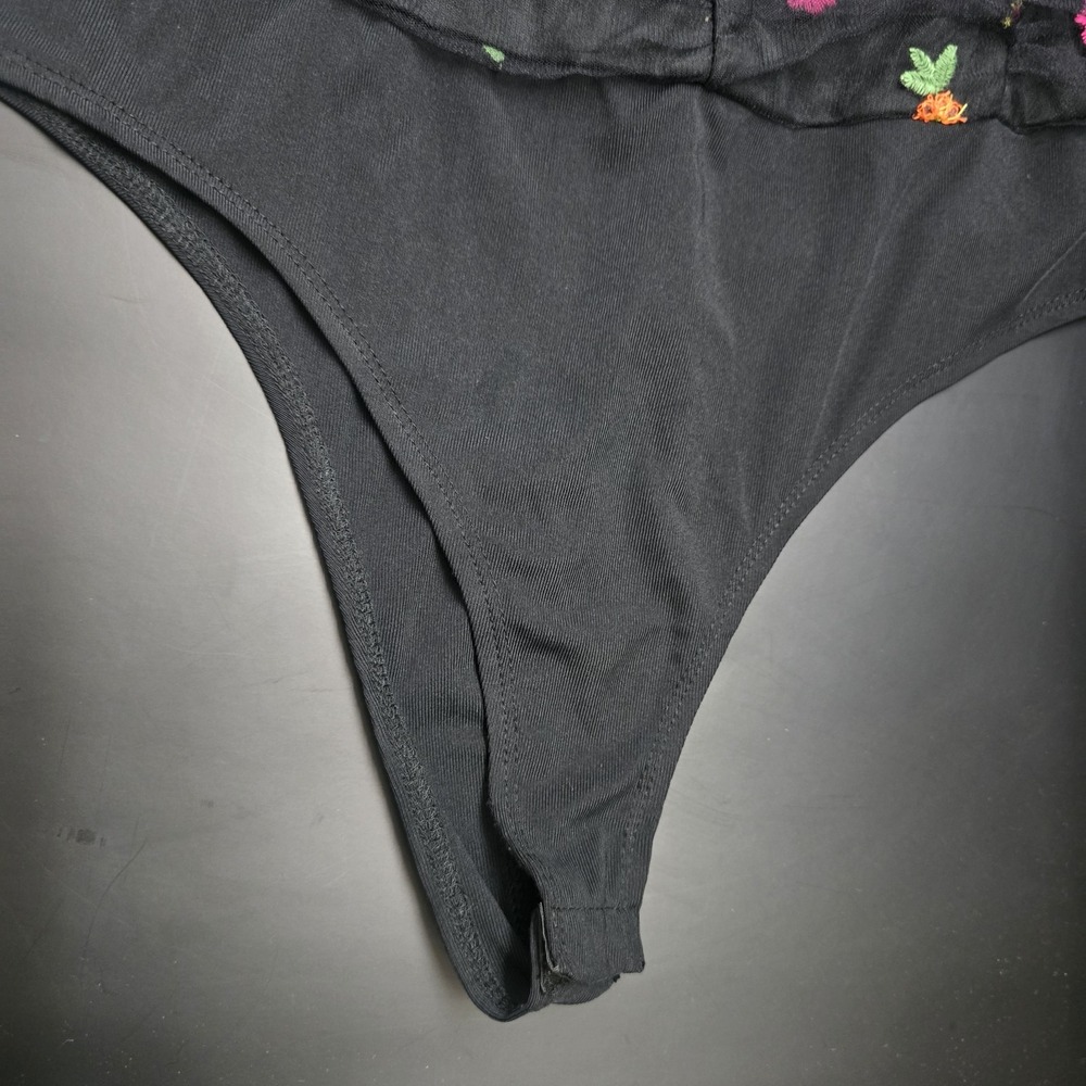 TCEC Women's Black Floral Bodysuit Halter Large Embroidered Flowers Snap Bottom - Picture 7 of 7
